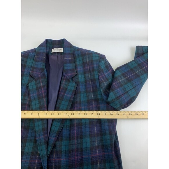 BOGO Alfred Dunner Plaid Wool Blazer One Button Shoulder Pad Green Navy Women 14 - Picture 7 of 10